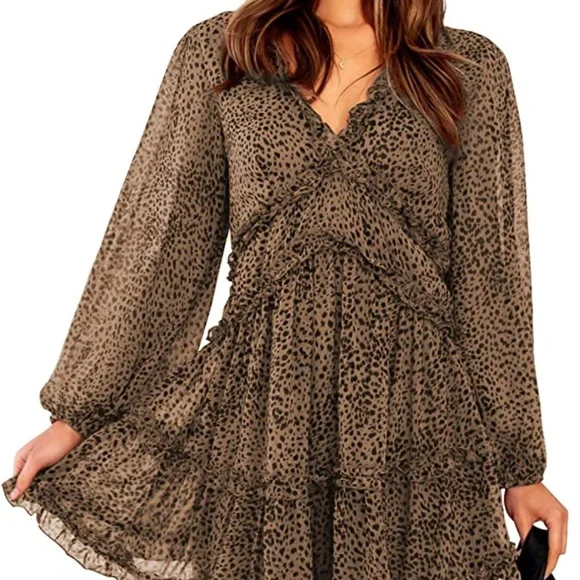 Brown Mix Print Aline Ruffle Accent Tiered Openback Mini Swing Dress Sz | Color: Brown/Tan | Size: S | Fancymsnancy's Closet